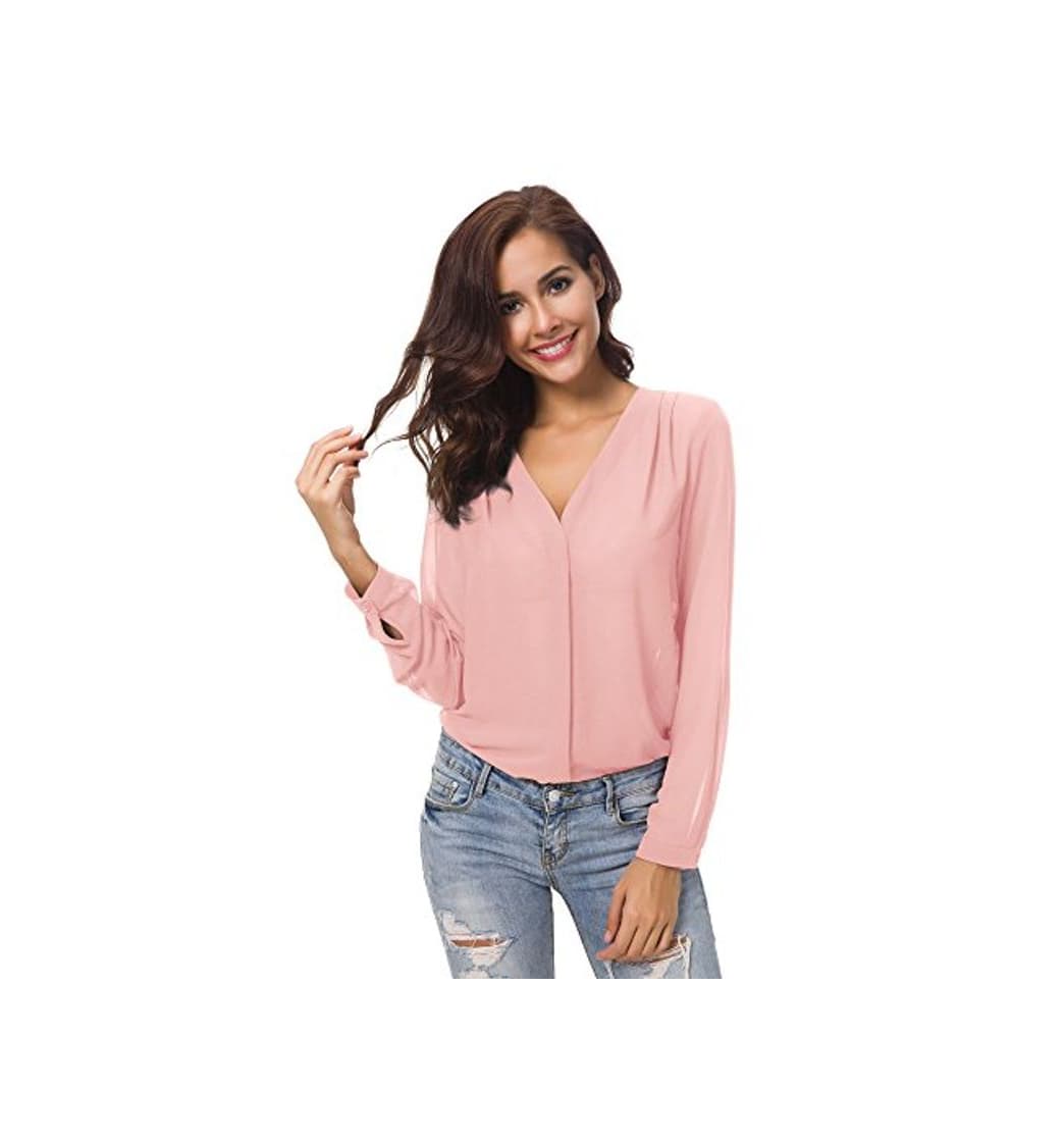 Moda Urban GoCo Blusa de Gasa con Escote en V Mangas Largas y