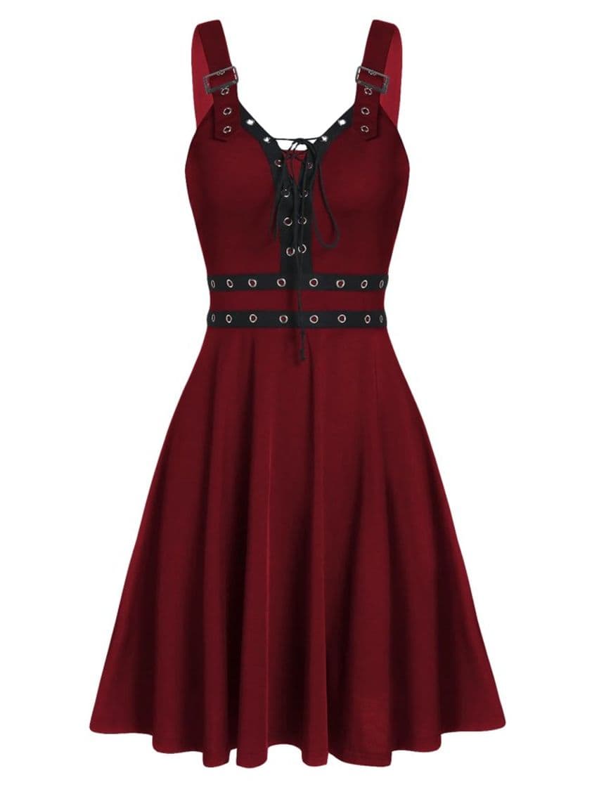 Product Lace Up Solid Fit And Flare Gothic Dress In RED 