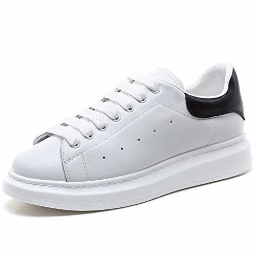 Fashion Mujer Zapatillas de Deporte Plataforma Cuero Moda Zapatos Bajas con Cordones Causal