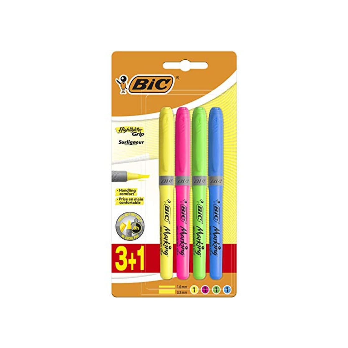 Electrónica BIC Highlighter Grip - Blíster de 3+1 marcadores fluorescentes