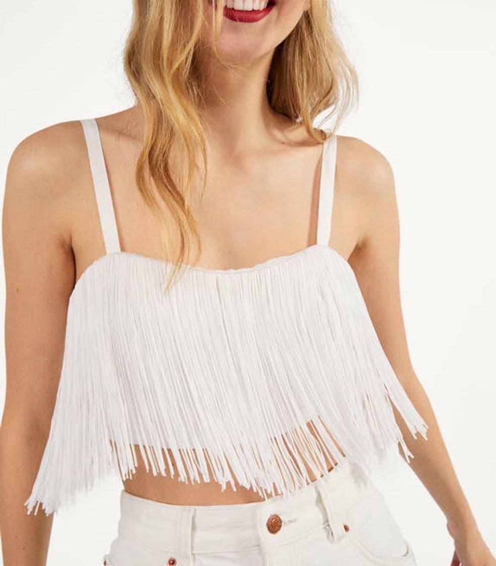 Fashion top blanco cropped flecos