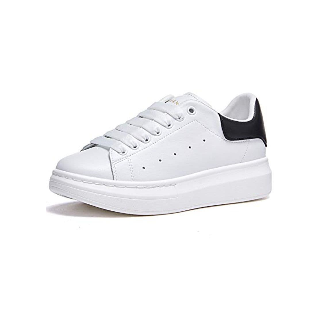 Moda Mujer Zapatillas de Deporte Plataforma Cuero Moda Zapatos Bajas con Cordones Causal Sneakers Blanco Negro 37