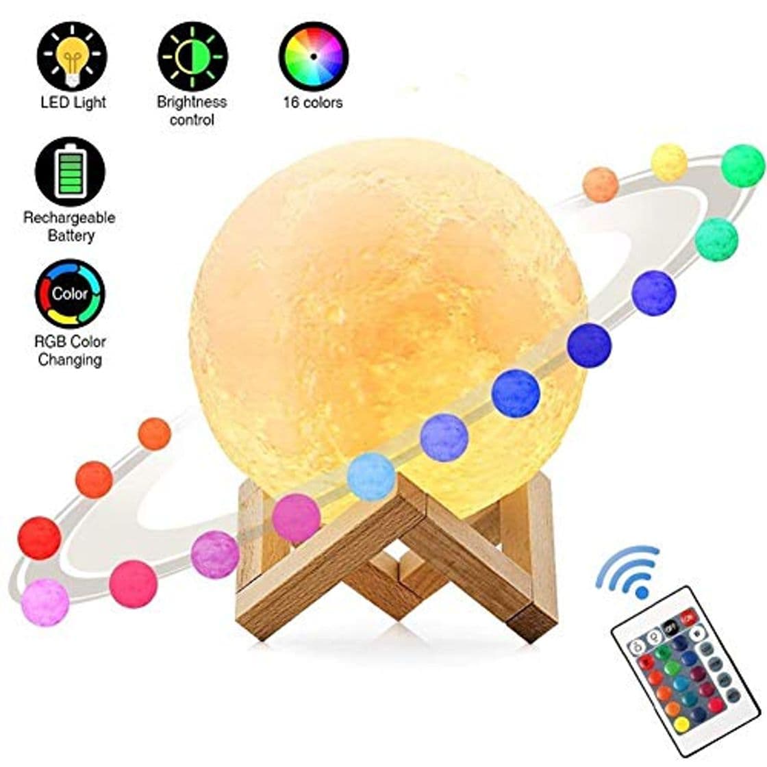 Lugar Lámpara De Luna Led 3D,16 Colores Luz de Noche Ambiente Lámparas, USB