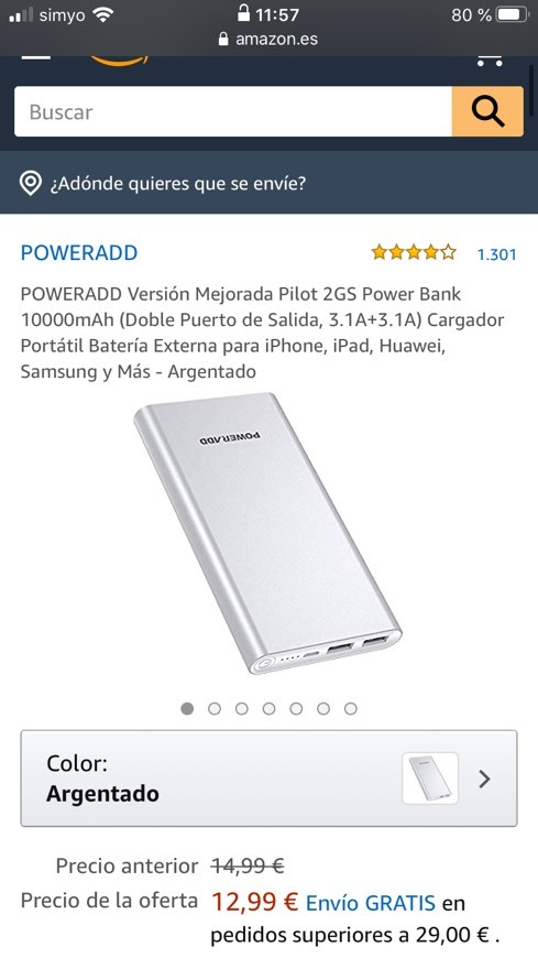 Producto Batería portatil 10000mAh con doble puerto de salida