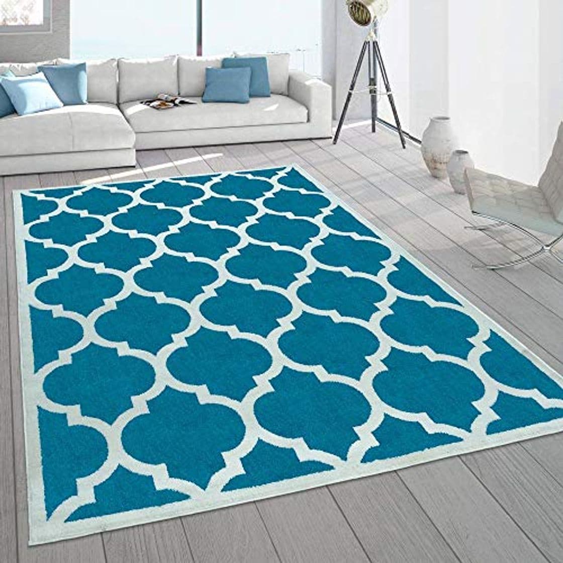 Product Alfombra Salón Pelo Corto De Diseño con Motivo Oriental Turquesa Y Blanco,