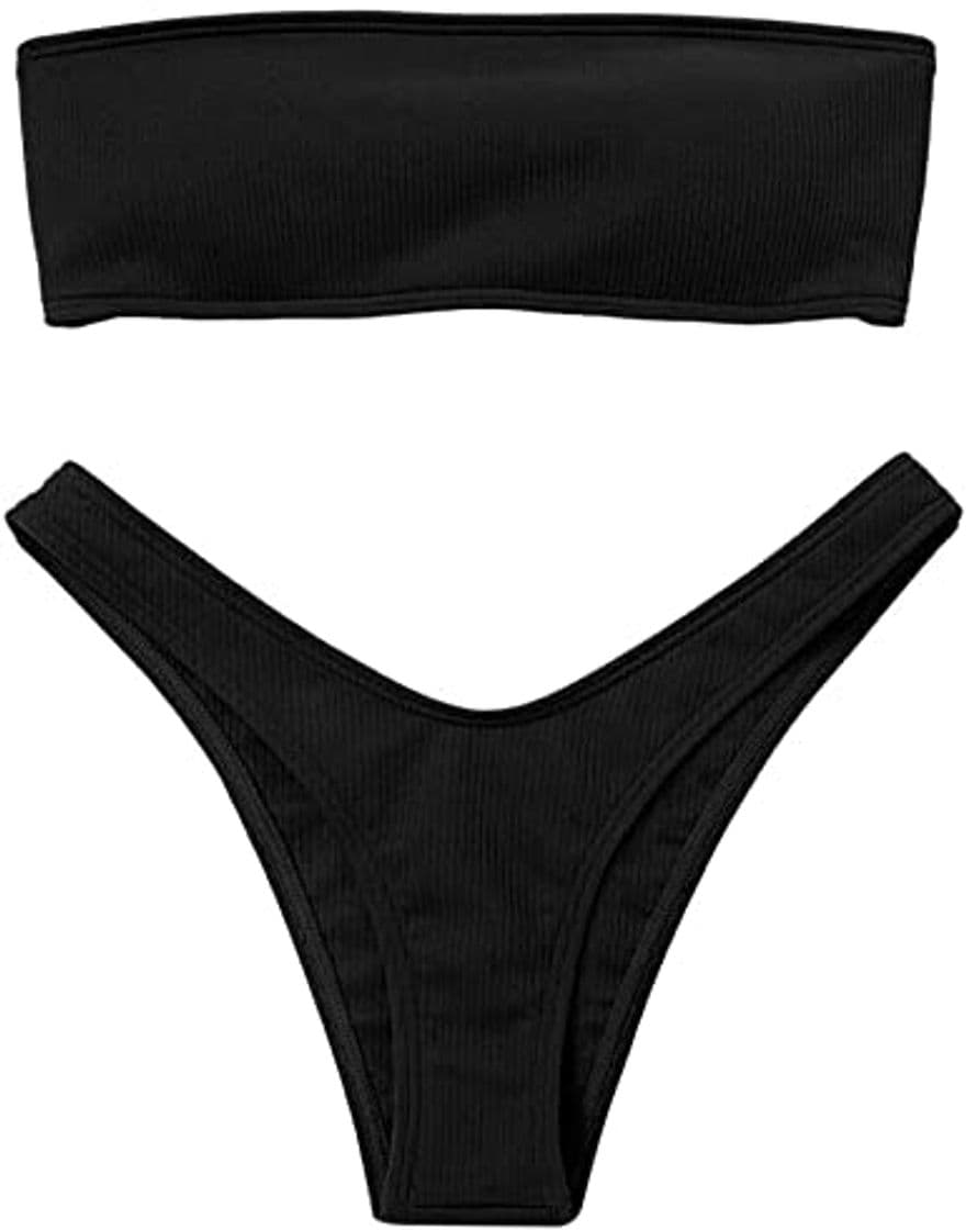 Producto Voqeen Mujeres Sexy Bandeau Traje de baño Cuello Alto sin Tirantes Acanalado Cojín extraíble Conjunto de Bikini de Cintura Baja