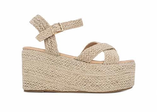 Fashion Sandalias Plataforma Esparto Beige con Hebilla