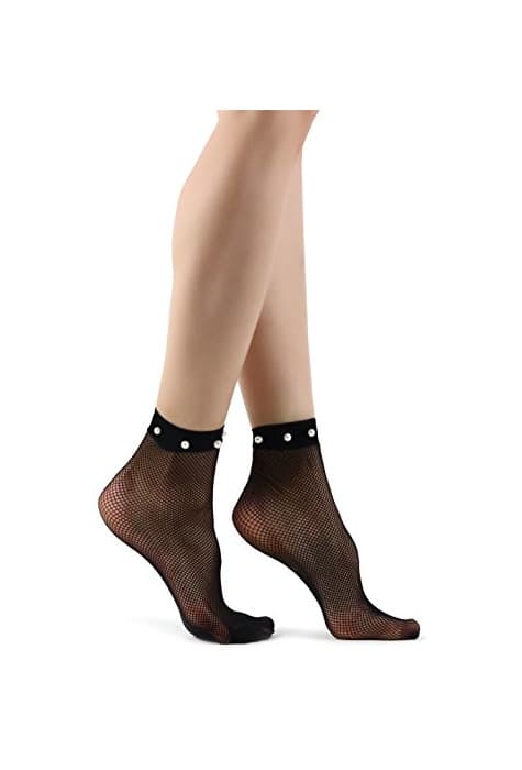 Moda Mixmi Boutique Calcetines negros de malla de rejilla para mujer con perlas