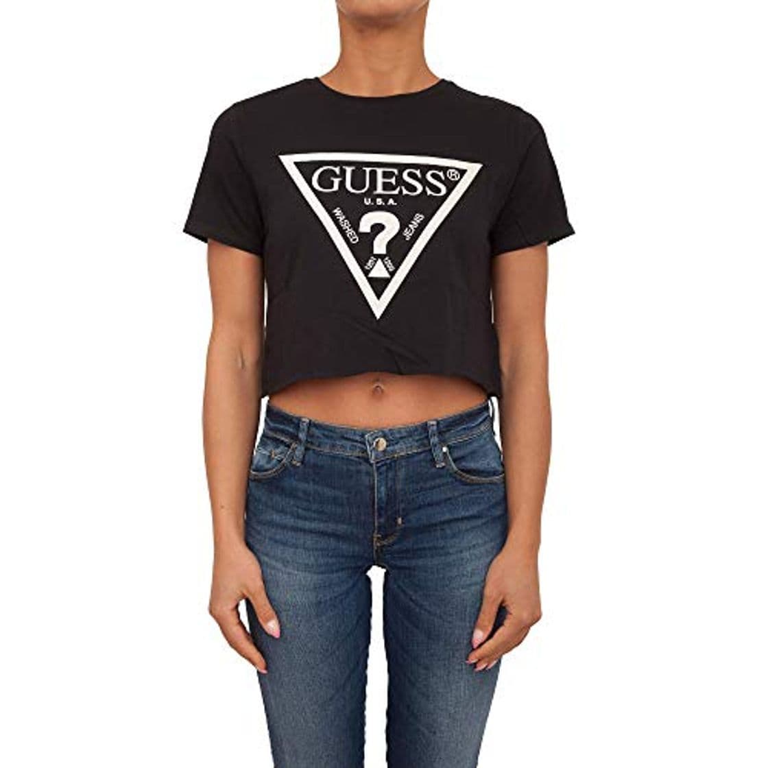 Product Guess Camiseta para Mujer, sin Barriguita - Crop-Top, Logotipo Impreso, Cuello Redondo,