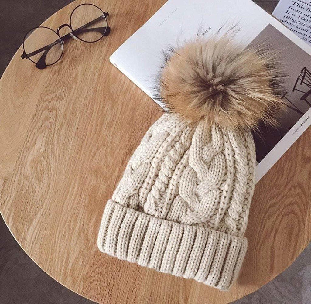 Fashion Tongshi Las mujeres invierno Crochet sombrero piel Cannabis lana Knit gorro mapache